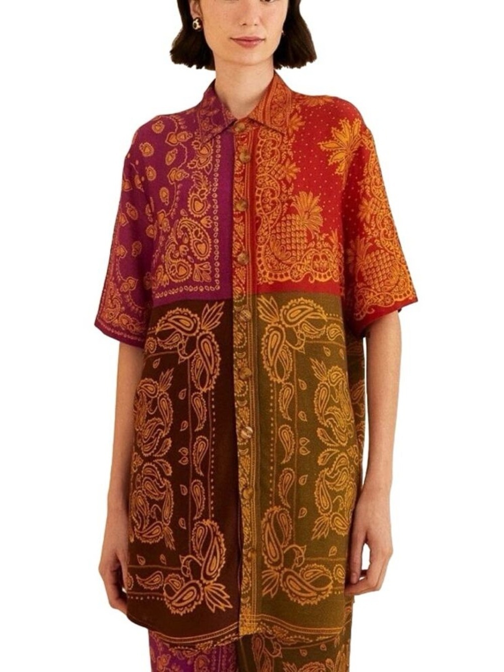 NWOT Farm Rio Multicolor Bandana Dream Shirt Boho Patchwork Button Down Top Sz L